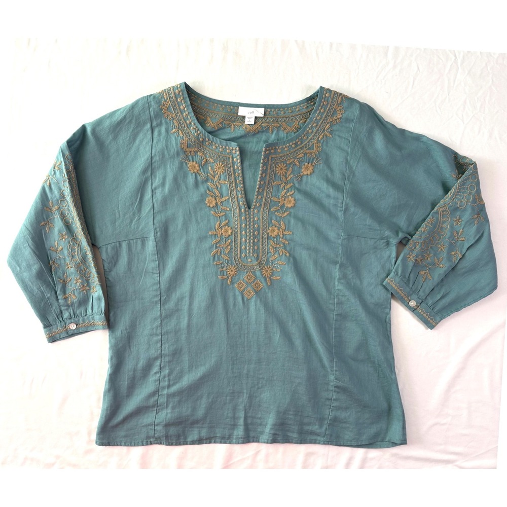 J Jill Embroidered Tunic Top W S Petite Boho Lightweight Artsy Coastal Travel - Picture 7 of 9